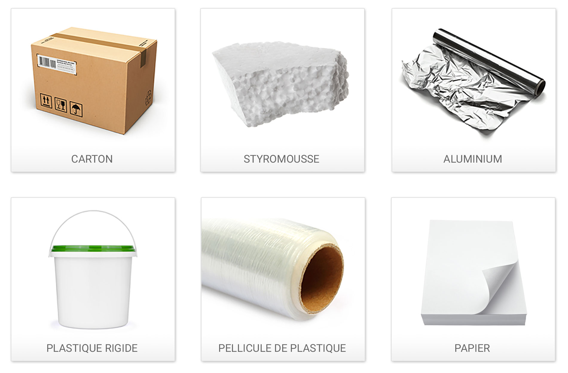 Matièes recyclables : carton, styromousse, aluminium, plastique rigide, pellicule de plastique et papier.